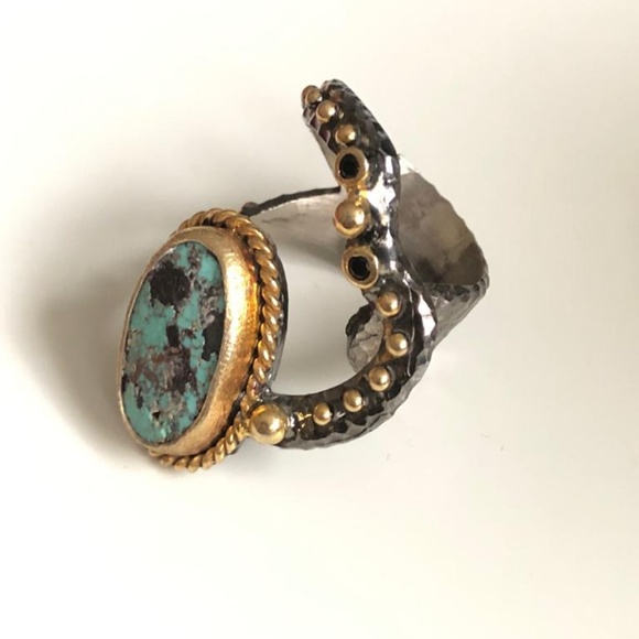 Silver&18K Caribbean Larimar Ocean Green WomenRing - Picture 2 of 6